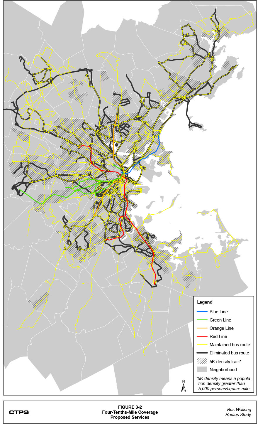 Figure 3-2: Four-Tenths-Mile Coverage Proposed Services. This is a map that shows the transit routes that are proposed for maintenance and elimination in the service plan for the four-tenths-mile coverage threshold. The map also shows the location of census tracts with a population density greater than 5,000 persons per square mile.